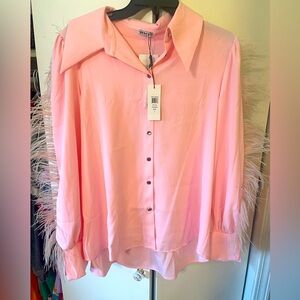 Why Dress Pink Feather Trim Button Down Blouse